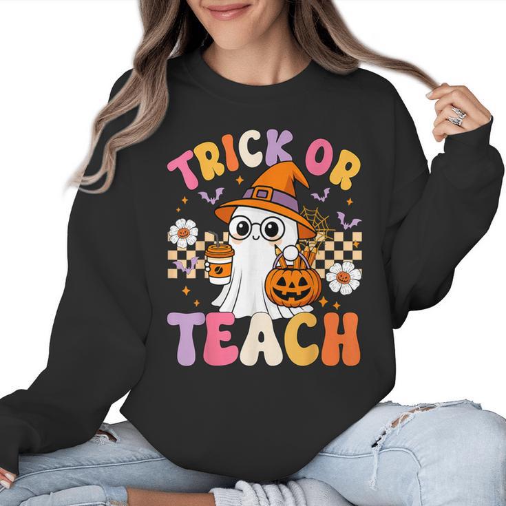 Trick Or Teach Cute Ghost Coffee Pumpkins Halloween Teacher Women Crewneck Sweatshirt