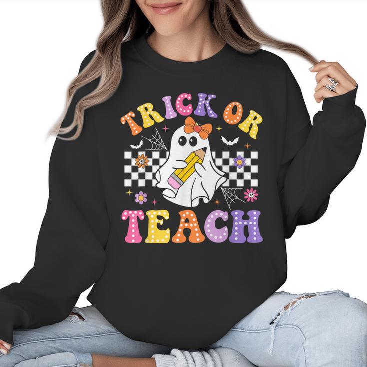 Trick Or Teach Groovy Halloween Teachers Women Crewneck Sweatshirt