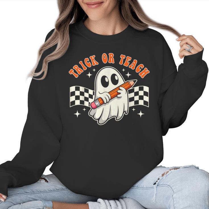 Trick Or Teach Groovy Retro Ghost Halloween Teacher Kids Women Crewneck Sweatshirt