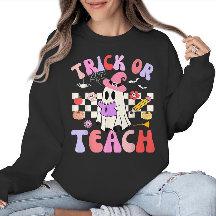 Trick Or Teach Halloween Teacher Floral Ghost Groovy Women Crewneck Sweatshirt