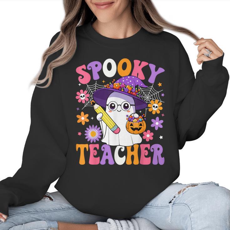 Trick Or Teach Spooky Teacher Ghost Halloween Teacher Women Crewneck Sweatshirt