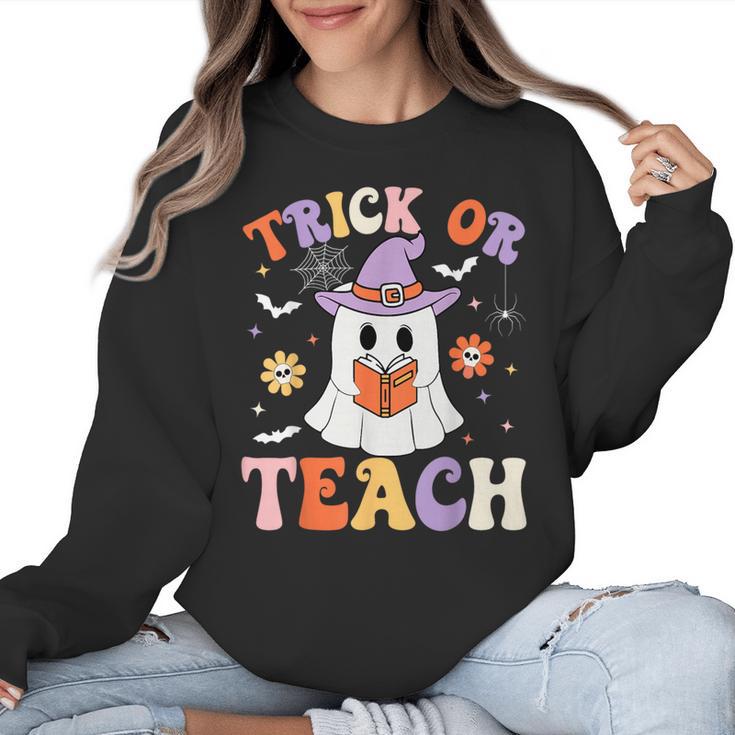 Trick Or Teach Teacher Groovy Ghost Halloween Teacher Women Crewneck Sweatshirt