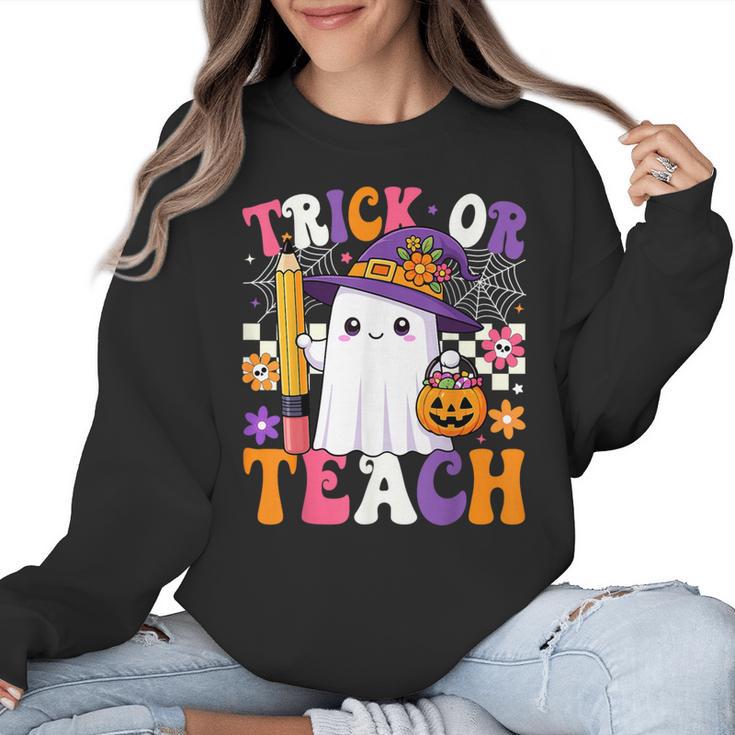 Trick Or Teach Teacher Pencil Ghost Halloween Teacher Women Crewneck Sweatshirt