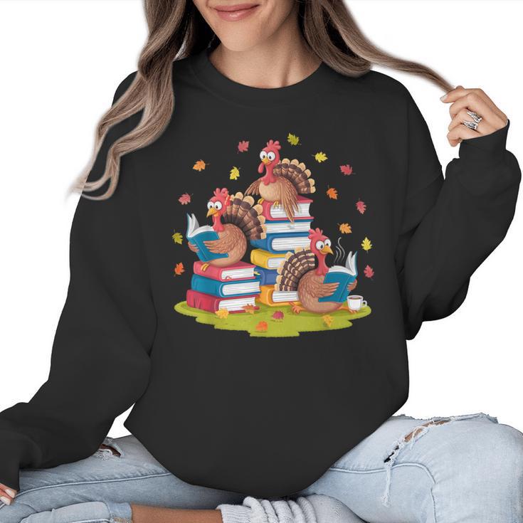 Turkey Reading Books Fall Season Thanksgiving Teacher Book Women Crewneck Sweatshirt