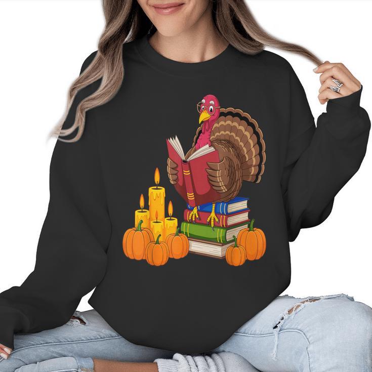 Turkey Reading Books Fall Thanksgiving Teacher Book Women Crewneck Sweatshirt