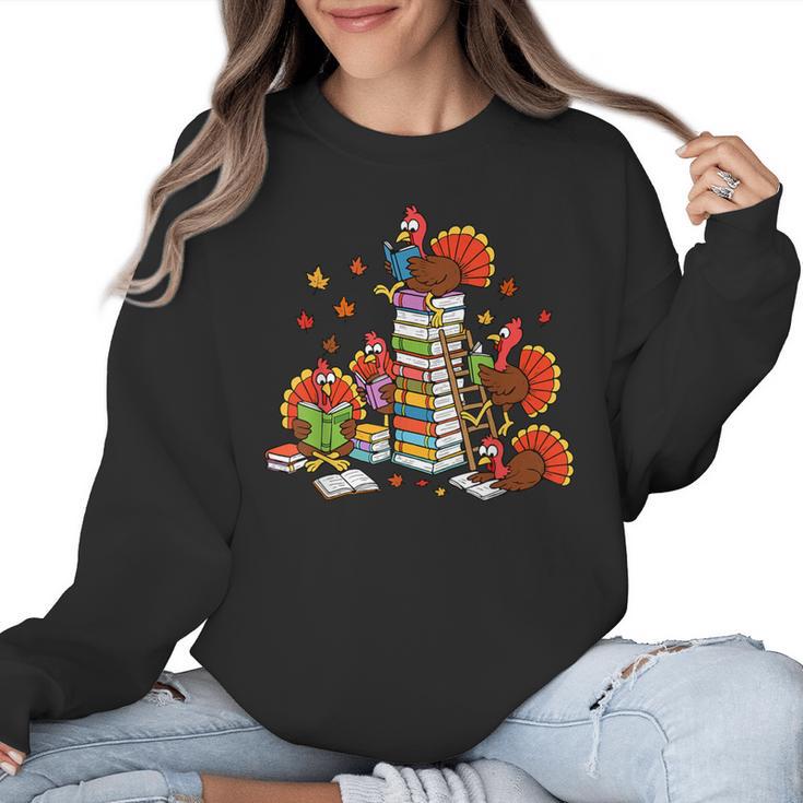Turkey Reading Books Fall Thanksgiving Teacher Librarian Women Crewneck Sweatshirt
