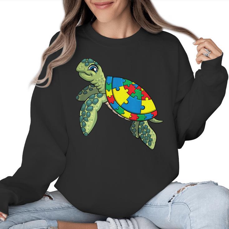 Turtle Puzzle Pieces For Autism Awareness Kids Women Teacher Women Crewneck Sweatshirt