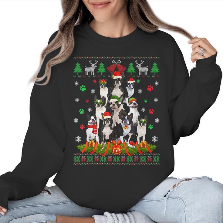Ugly Sweater Christmas Tree Boston Terrier Dog Xmas Pajama Women Crewneck Sweatshirt