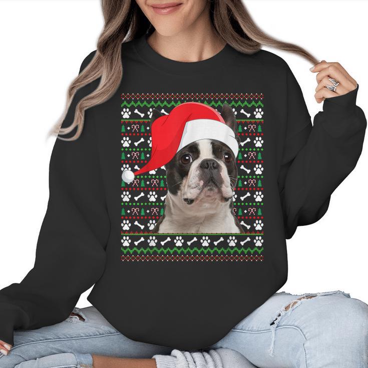 Ugly Xmas Sweater Santa Boston Terrier Dog Christmas For Men Women Kids Women Crewneck Sweatshirt