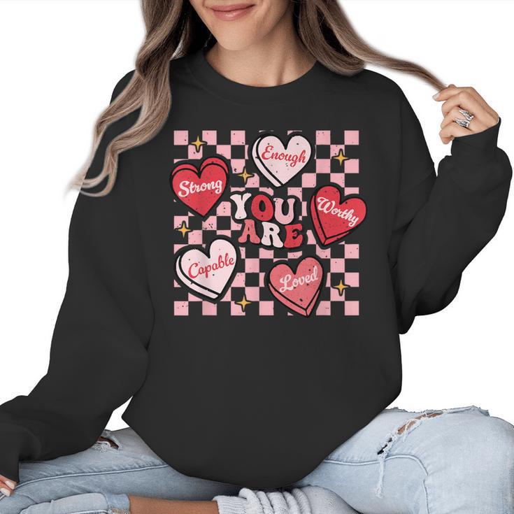 Valentine You Are Loved Worthy Enough Candy Heart Teacher For Men Women Girls Kids Women Crewneck Sweatshirt