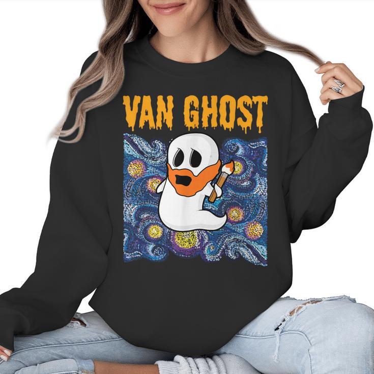 Van Ghost Art Teacher Halloween Van Gogh Starry Night Women Crewneck Sweatshirt