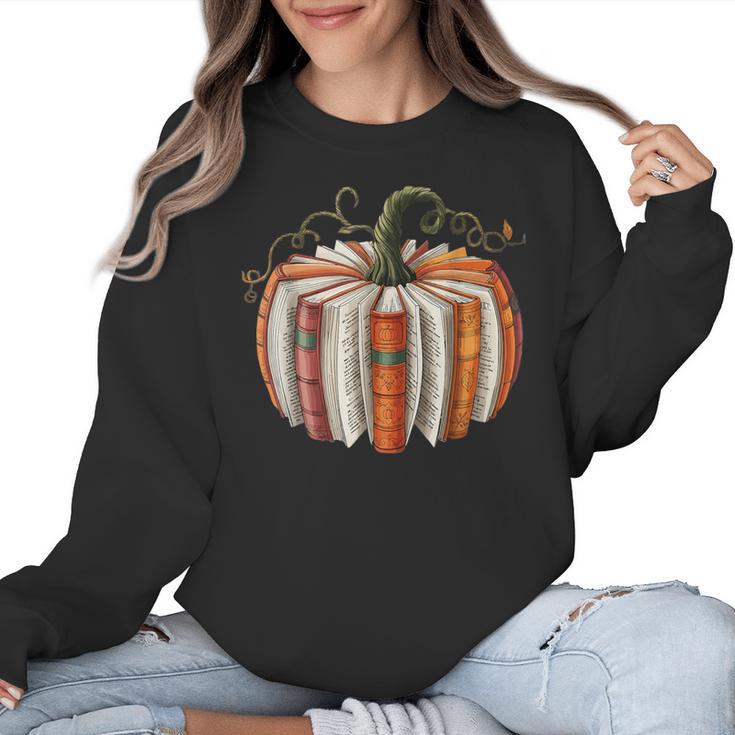 Vintage Book Pumpkin Autumn Fall Librarians Bookworm Teacher Women Crewneck Sweatshirt