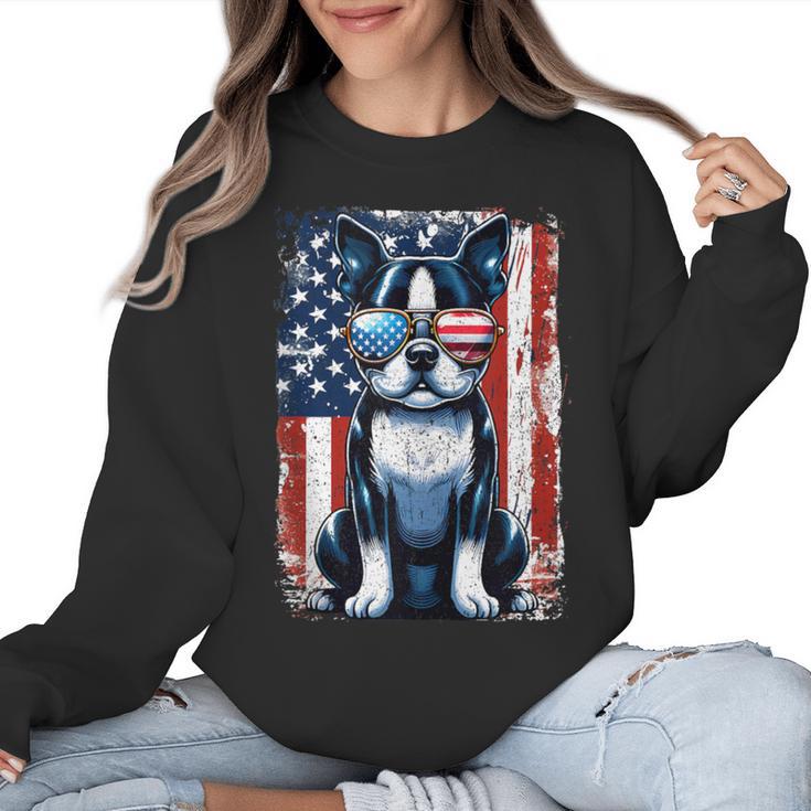 Vintage Boston Terrier Dog American USA US Flag Pets Lovers Tank Top Women Crewneck Sweatshirt, American Boston Terrier Gifts, trending gift