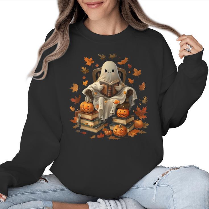 Vintage Ghost Book Reading Pumpkin Gothic Halloween Teachers Men Women Kids Women Crewneck Sweatshirt