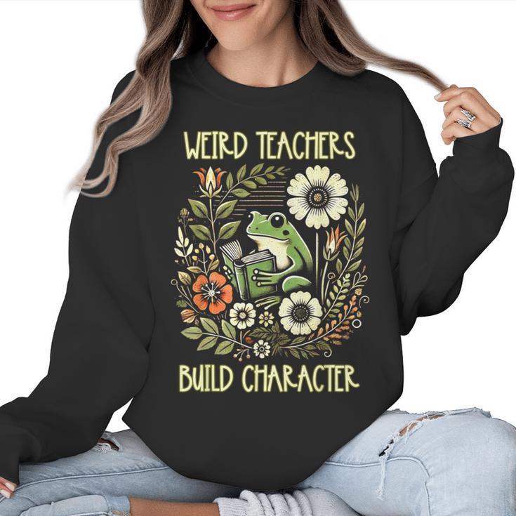 Weird Teachers Build Character Frog Reading Book Librarian Women Crewneck Sweatshirt