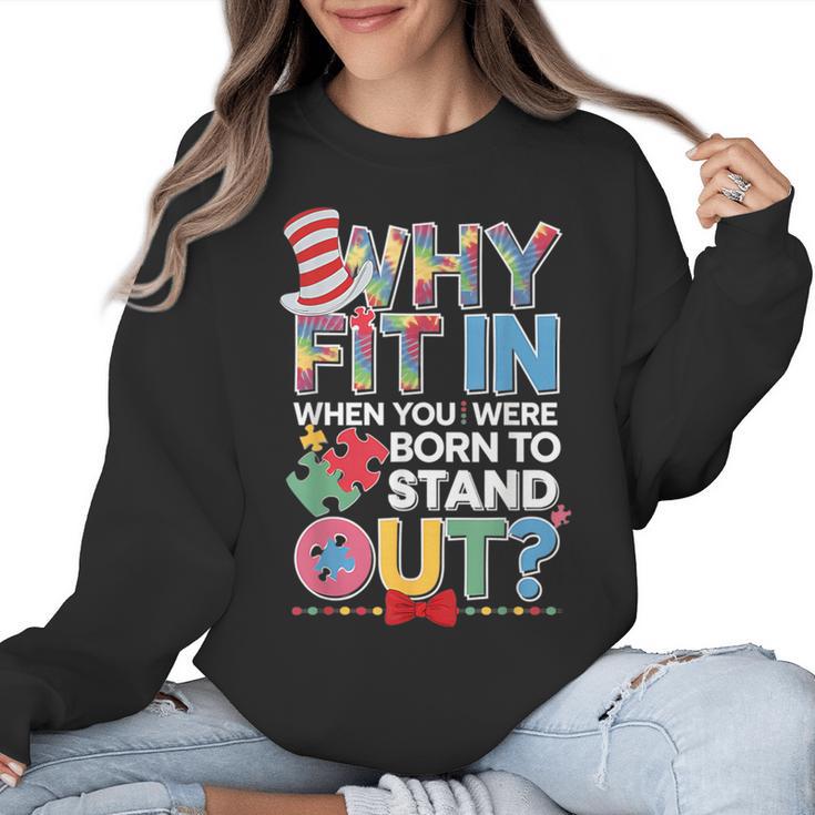 Why Fit In Doctor Teacher Cat In Hat Cool Autism Awareness Men Women Kids Women Crewneck Sweatshirt