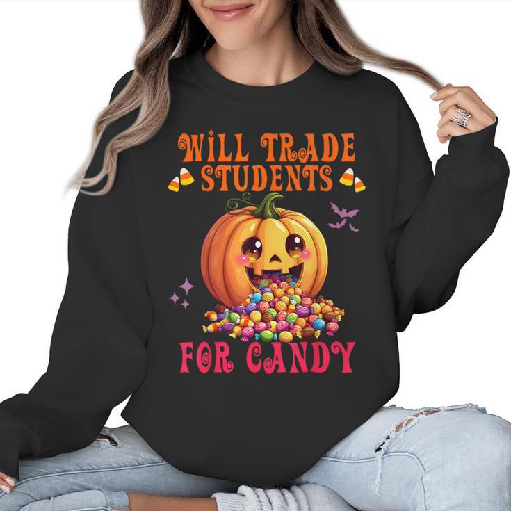 Will Trade Students For Candy Teacher Cute Halloween Pumpkin Women Crewneck Sweatshirt