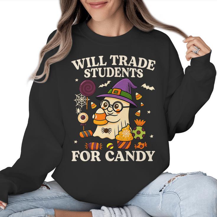 Will Trade Students For Candy Teacher Ghost Halloween Women Crewneck Sweatshirt
