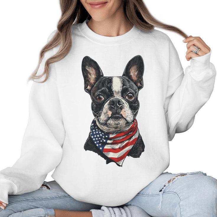 Boston Terrier American Flag Women Crewneck Sweatshirt