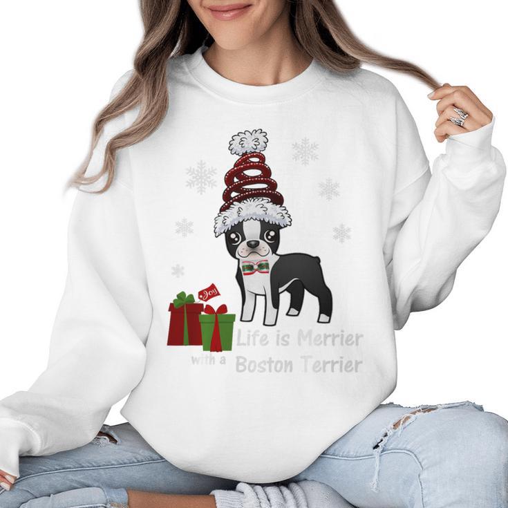 Boston Terrier Christmas T Shirt-Life Is Merrier Premium Tri-Blend Women Crewneck Sweatshirt