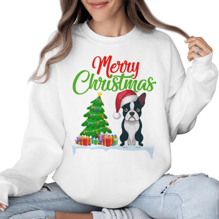 Boston Terrier Christmas Tree Lights Xmas Dog Lover Women Crewneck Sweatshirt