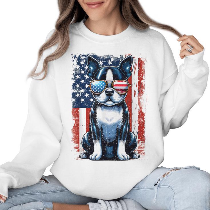 Boston Terrier Dog American USA US Flag Pets Vintage Outfit Women Crewneck Sweatshirt