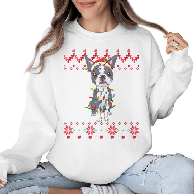 Boston Terrier Dog Santa Hat Men Kids Ugly Christmas Light Women Crewneck Sweatshirt