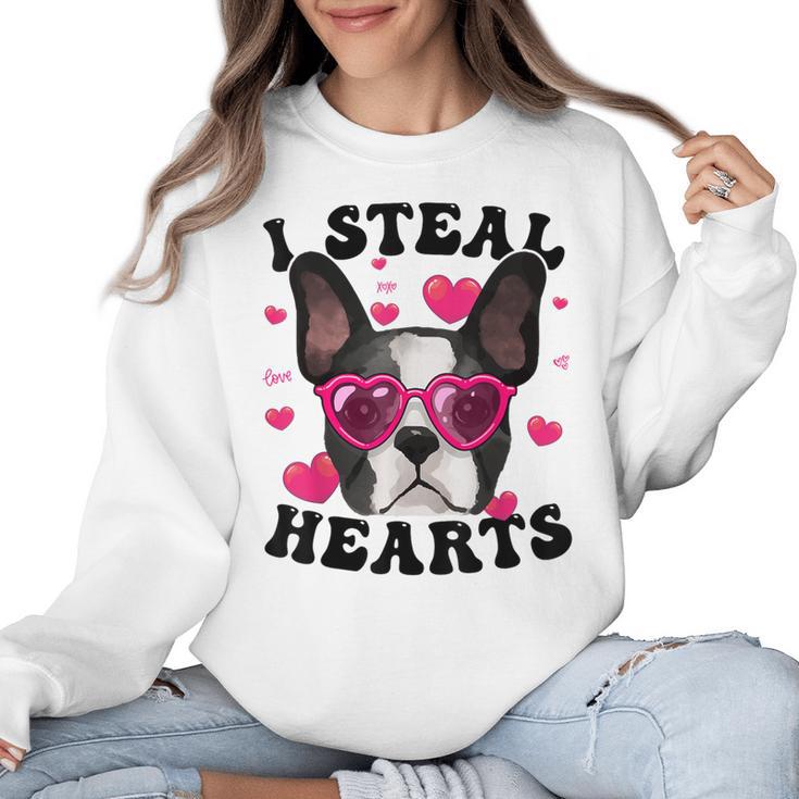 Boston Terrier Heart Glasses Girls Bostie Valentines Day Women Crewneck Sweatshirt
