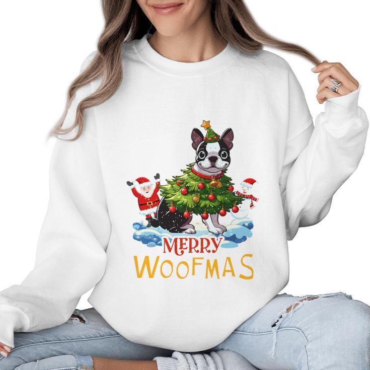 Boston Terrier Merry Christmas Tree Lights Dog X-Mas Dogs Women Crewneck Sweatshirt
