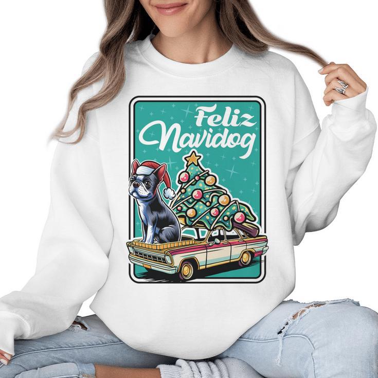 Boston Terrier Merry Christmas Tree Truck Dog X-Mas Women Crewneck Sweatshirt