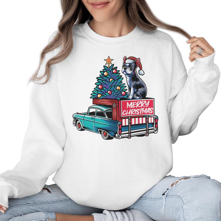 Boston Terrier Merry Christmas Tree Truck Santa Dog X-Mas Women Crewneck Sweatshirt