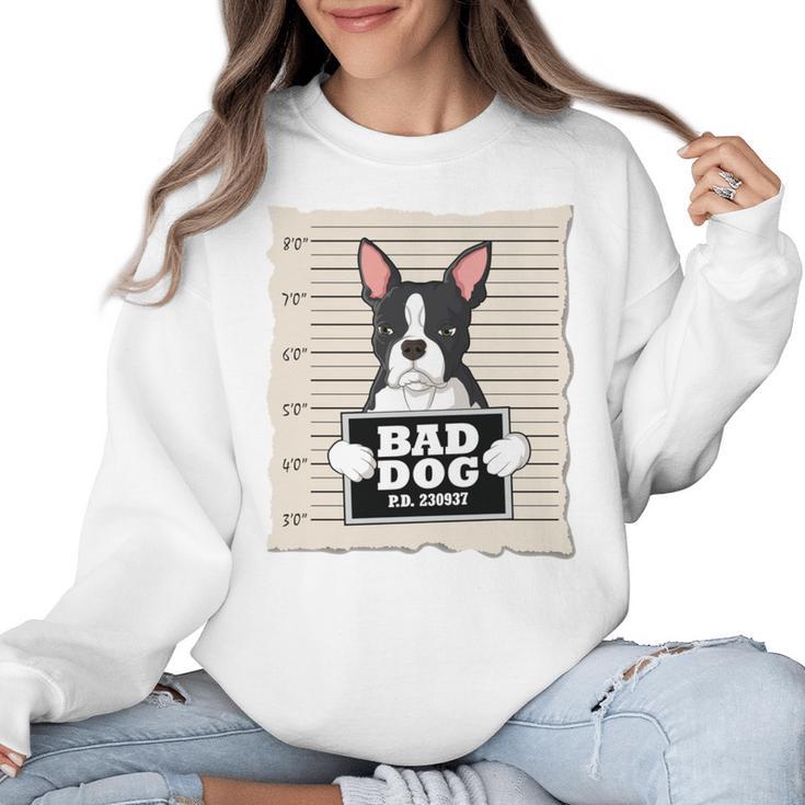 Boston Terrier Mug Shot Guilty Dog Women Crewneck Sweatshirt