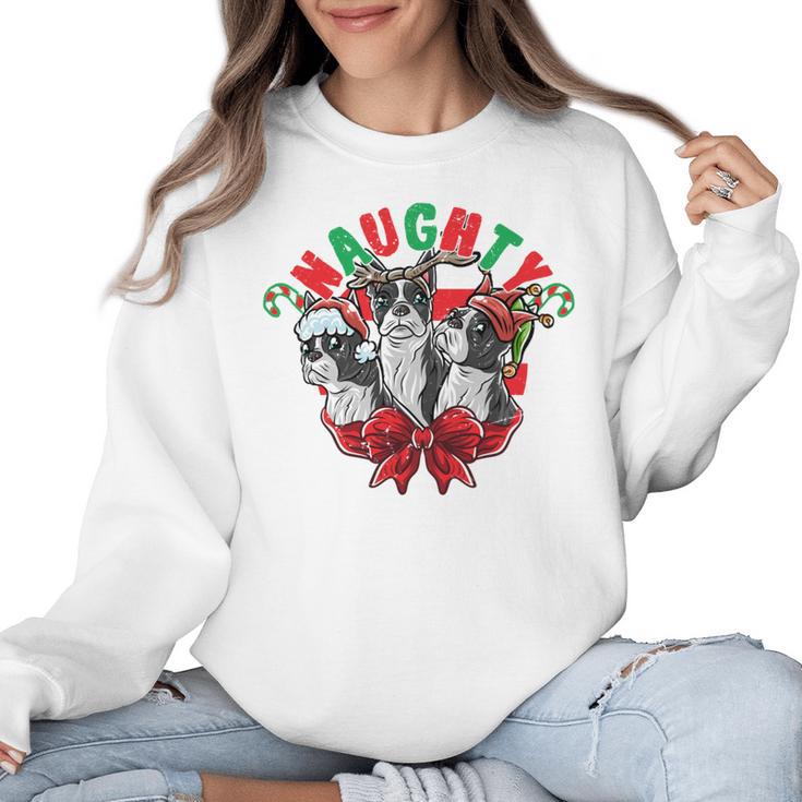 Boston Terrier Santa Claus Elf Reindeer Christmas Dog X-Mas Women Crewneck Sweatshirt