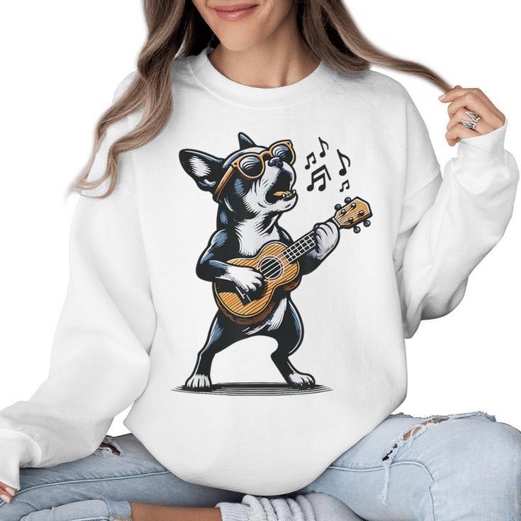 Dog Playing Guitar Singing Boston Terrier  For Men Women Girls Kids Women Crewneck Sweatshirt