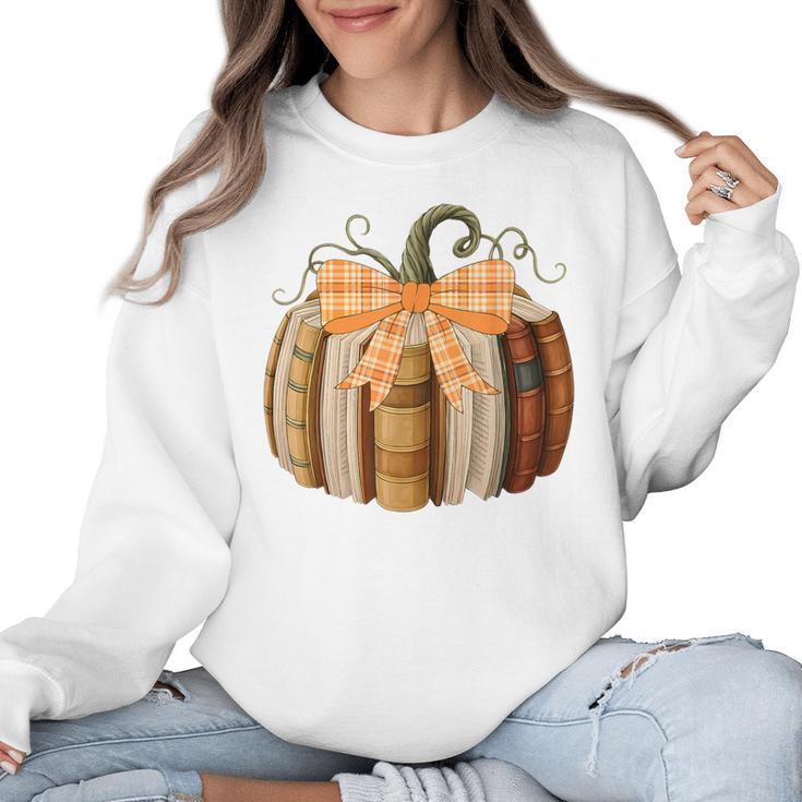 Fall Book Pumpkin Halloween Teacher Librarian Thanksgiving Women Crewneck Sweatshirt