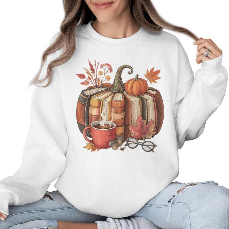 Fall Book Pumpkin Retro Reading Halloween Teacher Women Crewneck Sweatshirt