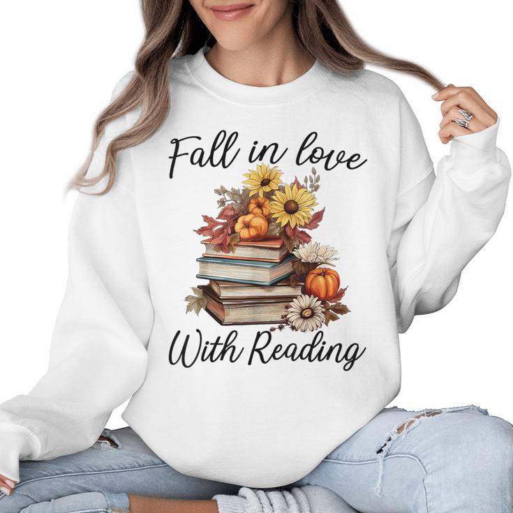 Fall In Love With Reading Book Autumn Teachers Pumpkins Women Crewneck Sweatshirt
