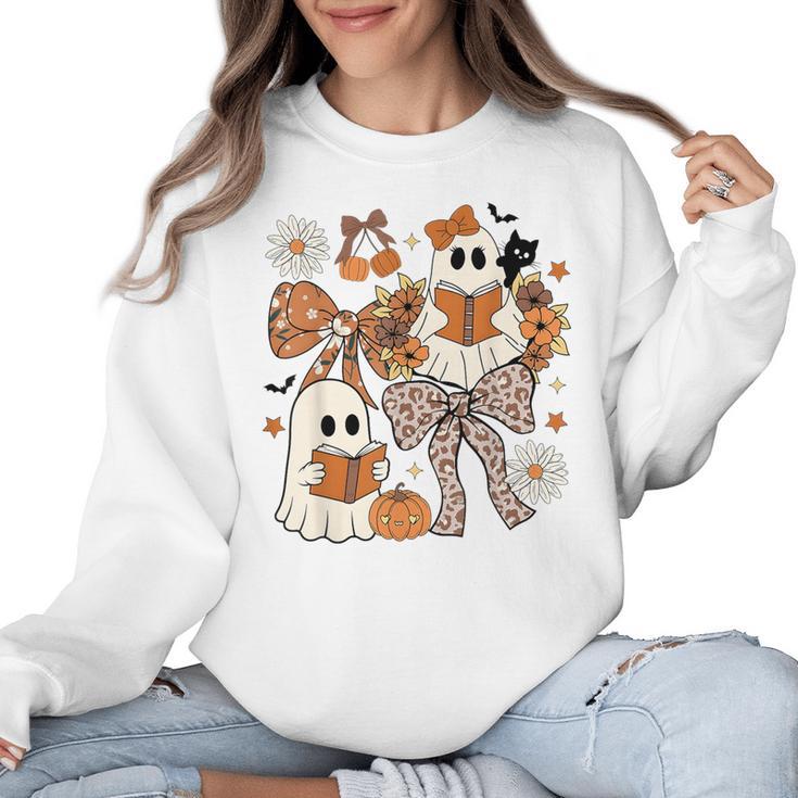 Ghost Reading Books Halloween Bow Spooky Teacher Student Women Crewneck Sweatshirt