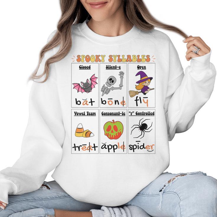 Halloween Reading Spooky Syllables Teacher Vintage Women Crewneck Sweatshirt