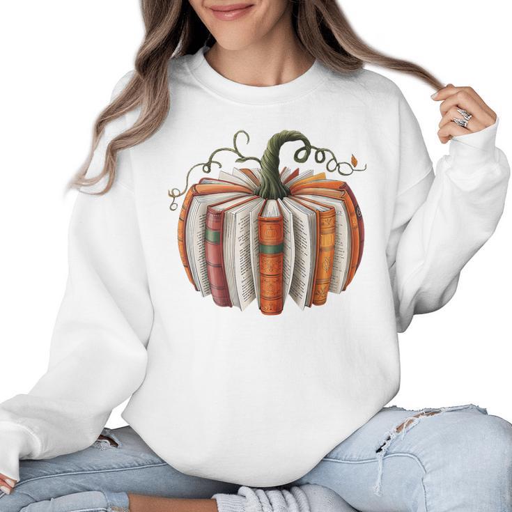 Halloween Teacher Librarians Fall Book Pumpkin Retro Reading Women Crewneck Sweatshirt