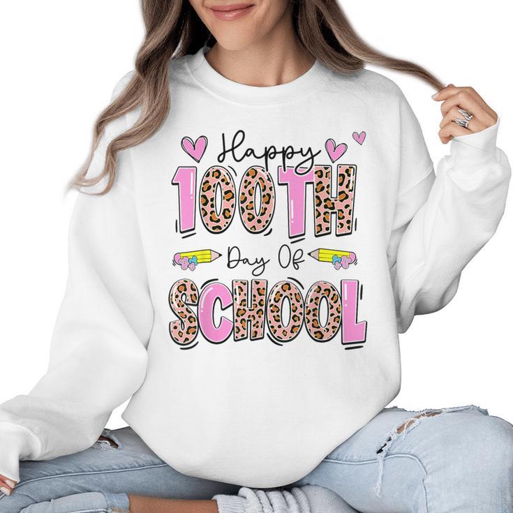 Happy 100th Day Of School Leopard Print Teacher Student Kids Women Crewneck Sweatshirt