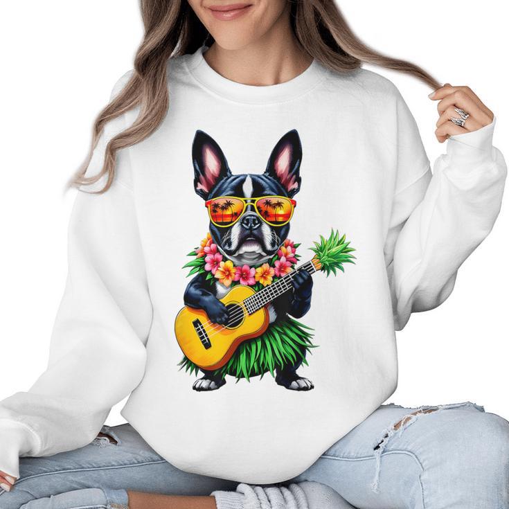 Hawaiian Boston Terrier & Pineapple Ukulele Summer Vacation Women Crewneck Sweatshirt