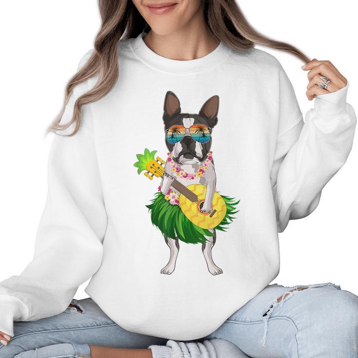 Hawaiian Boston Terrier Dog Pineapple Ukulele Summer For Men Women Girls Kids Women Crewneck Sweatshirt