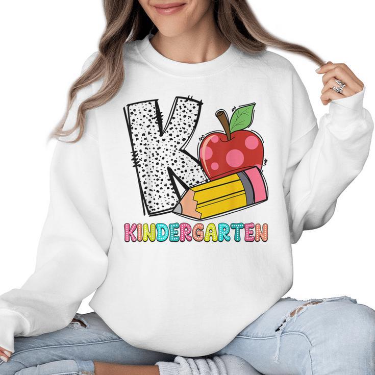 K Is For Kindergarten Teacher Pencil Apple Back To School Women Crewneck Sweatshirt