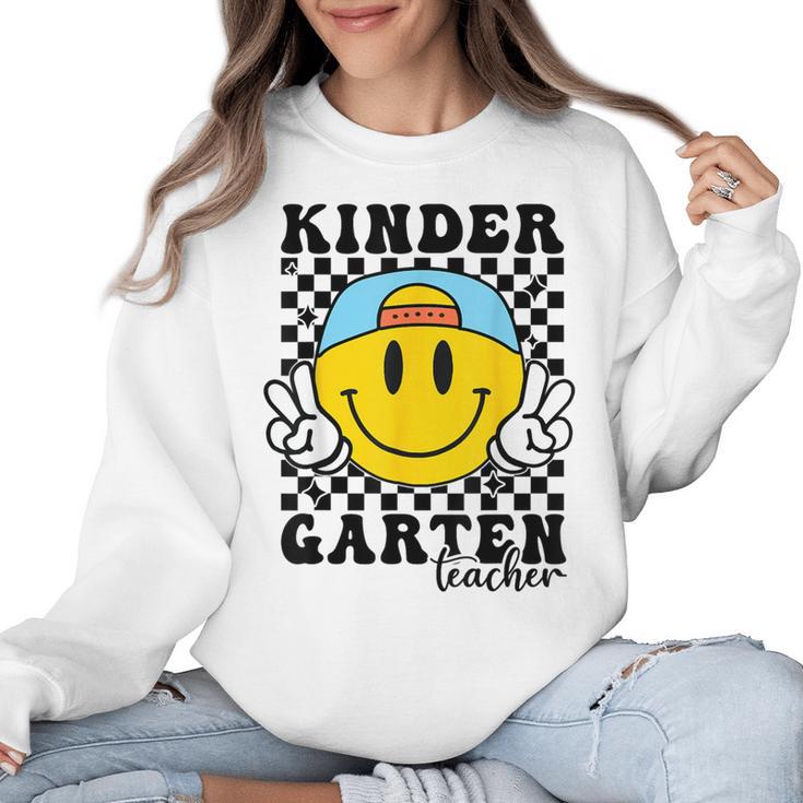 Kindergarten Teacher Hippie Smile Face Back School Women Crewneck Sweatshirt