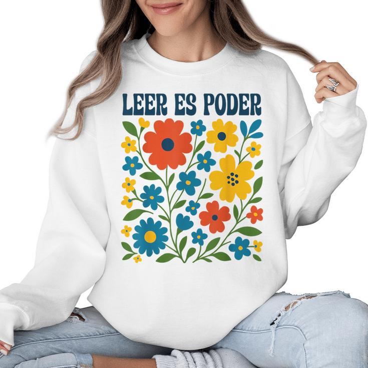 Leer Es Poder Cute Floral Boho Spanish Teacher Reading Women Crewneck Sweatshirt