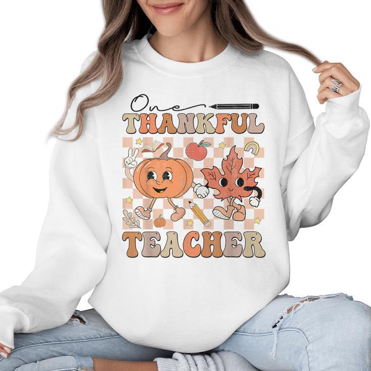 One Thankful Teacher Thanksgiving Groovy Fall Autumn Teacher Women Crewneck Sweatshirt