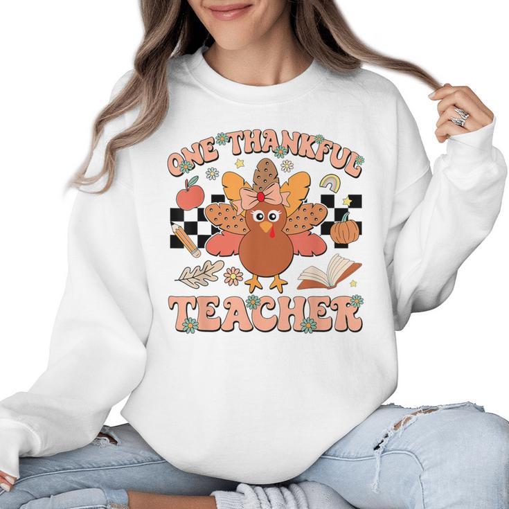 One Thankful Teacher Thanksgiving Retro Groovy Fall Teachers Women Crewneck Sweatshirt