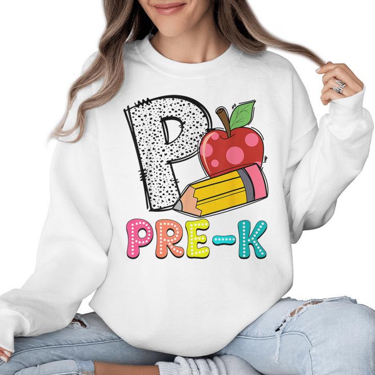 P Is For Pre-K Teacher Pencil Apple Back To School Women Crewneck Sweatshirt