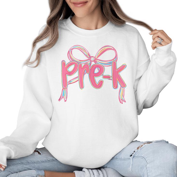 Preppy Pre k Back To School Pre-k Teachers Girls Cute Bow Women Crewneck Sweatshirt